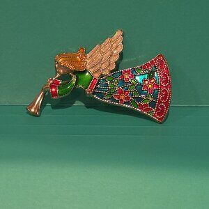 Vintage Christmas Enamel Angel Playing a Horn Trumpet Brooch Pin Jewelry